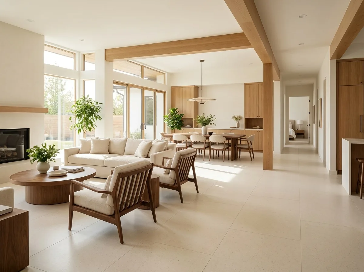A warm open-plan home with the cushioned cream Matnificent floor flowing through every room
