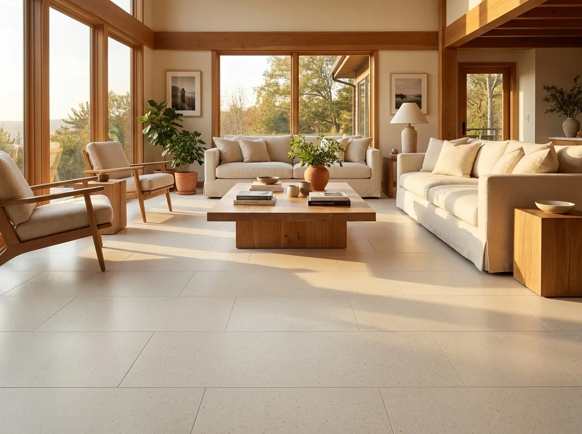 A warm sunlit living room floored wall to wall with cushioned cream Matnificent tiles laid directly over the existing floor