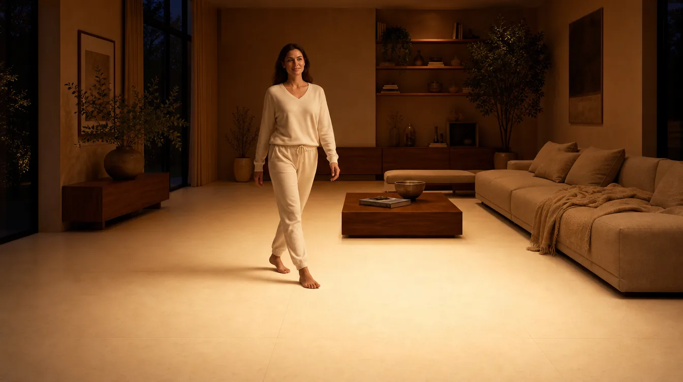 A person walking barefoot across a cream Matnificent floor glowing evenly with warm radiant underfloor heat