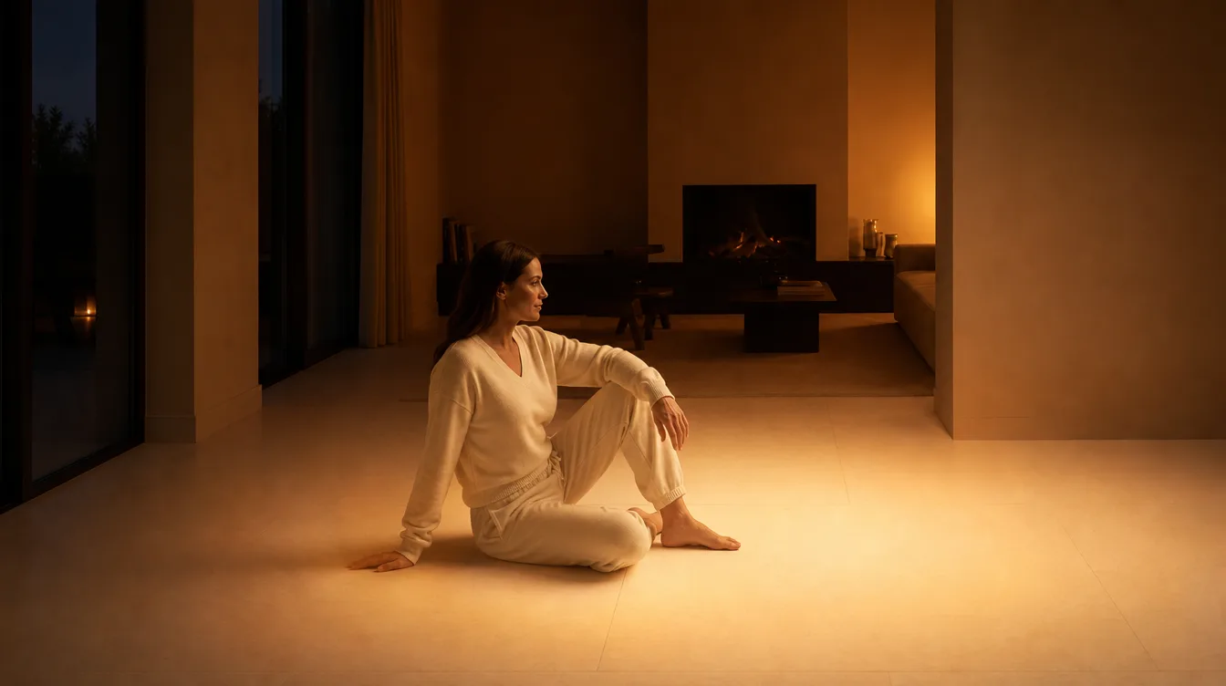 A woman sitting barefoot on a Matnificent floor with a warm glow radiating up from the heated floor around her