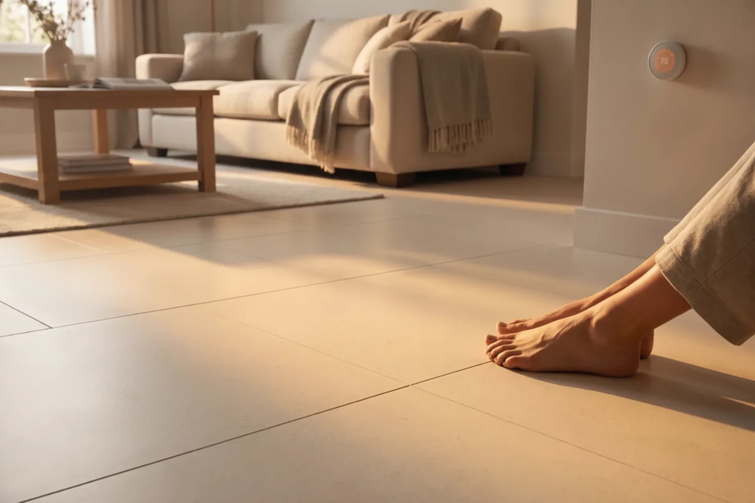 A warm room with gentle underfloor heating glowing across the cream Matnificent floor