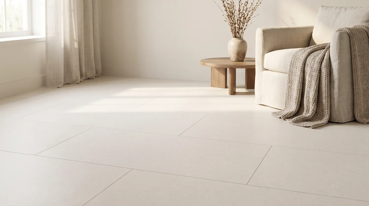 A calm sunlit room with a seamless Matnificent wellness floor