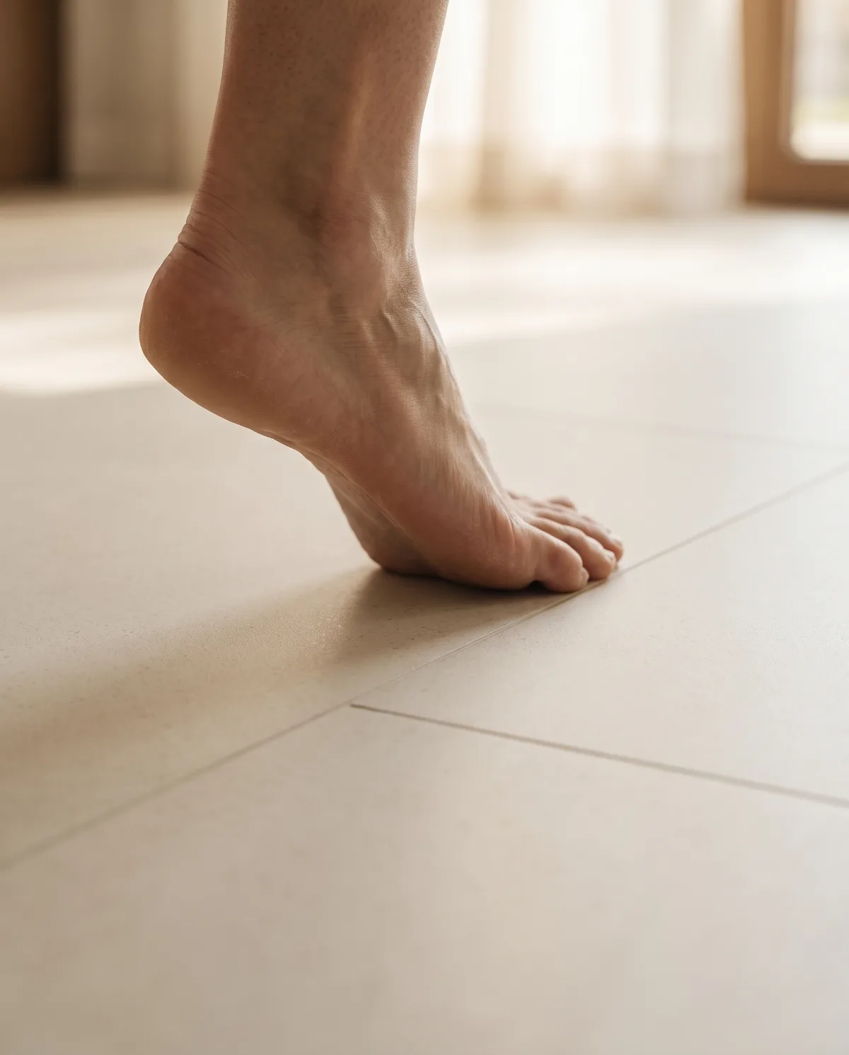 A bare foot mid-step pressing into a soft cushioned Matnificent safety floor in a warm home