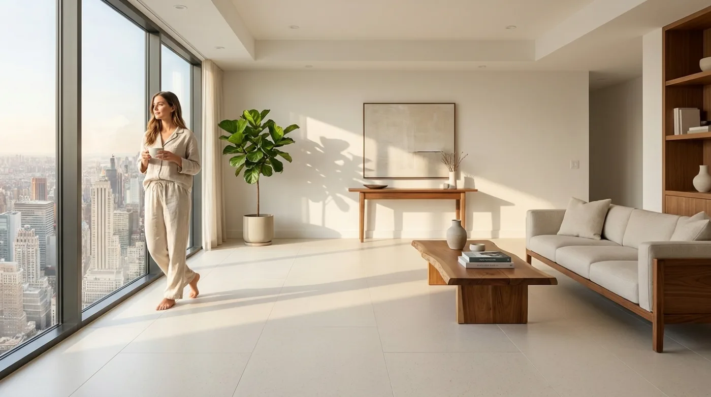A woman enjoying a quiet morning with coffee by the window in a bright apartment on a cushioned cream Matnificent floor