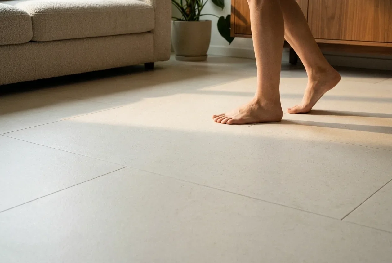 Bare feet on the cushioned cream Matnificent floor beside a sofa in a quiet apartment