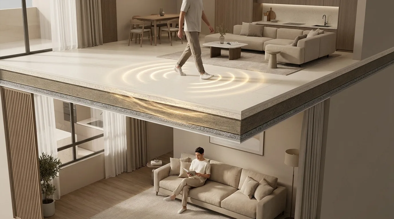 An architectural cutaway of an apartment building showing the cushioned Matnificent floor in the upper home absorbing footstep noise so the neighbor below stays undisturbed