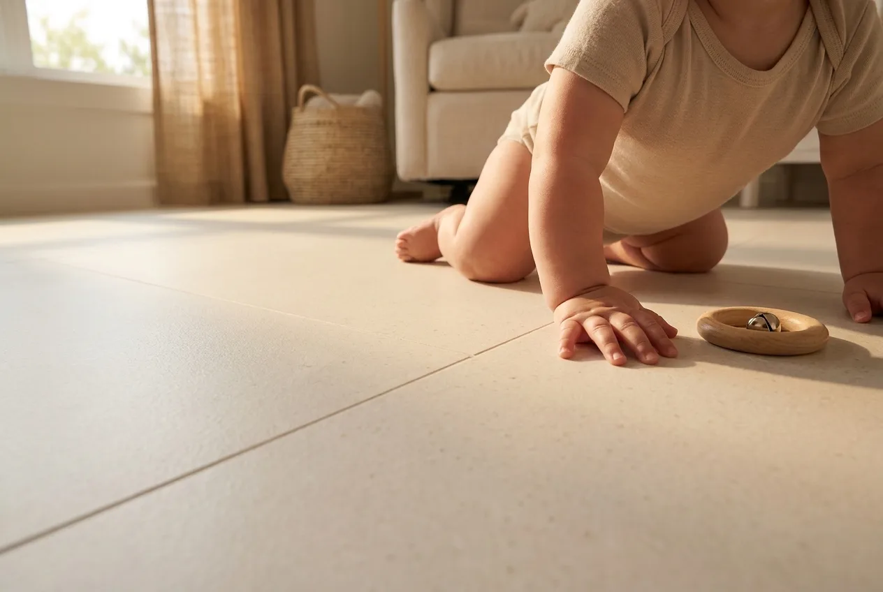 A baby crawling on the soft cushioned cream Matnificent floor beside a wooden toy