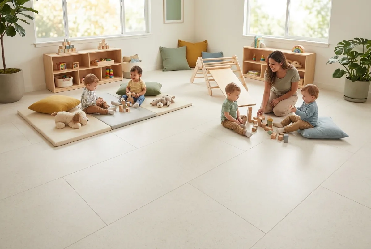 A caregiver and several toddlers playing on a soft cushioned cream Matnificent floor in a bright nursery playroom