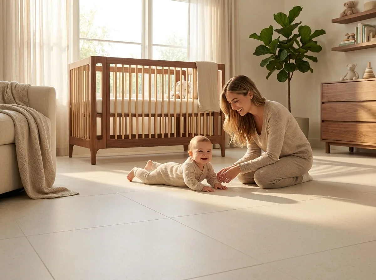A parent kneeling beside a crawling baby on a soft cushioned cream Matnificent floor in a bright nursery