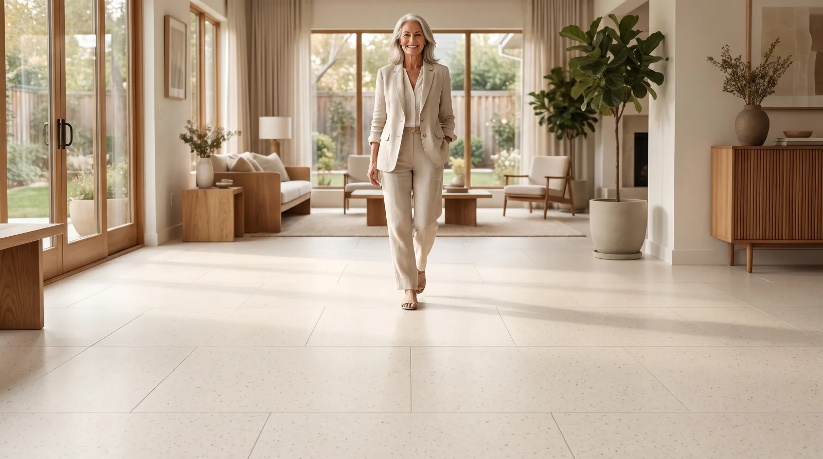 A silver-haired woman walking confidently and smiling through her sunlit home across a seamless Matnificent tile floor