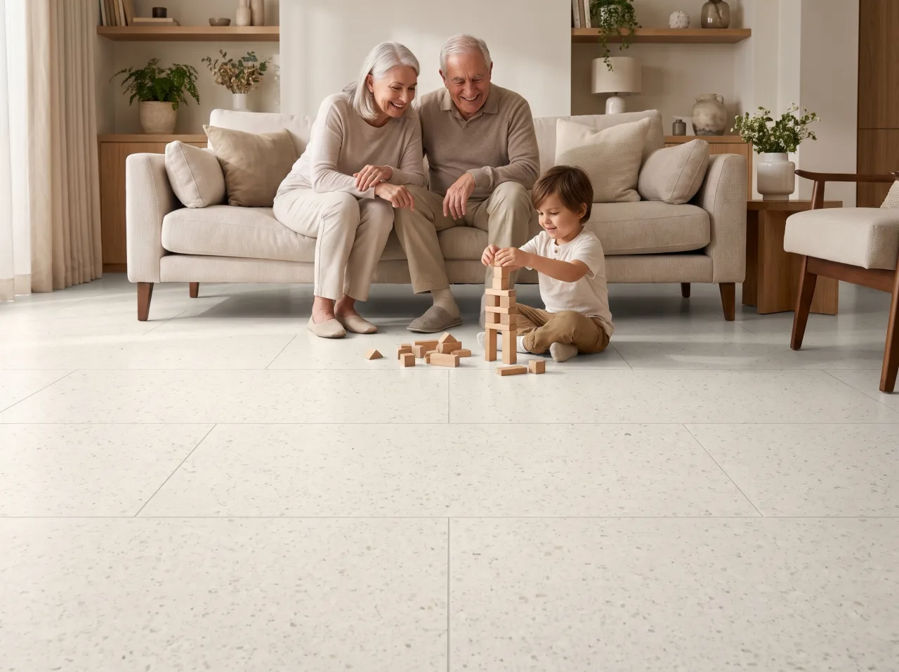 Grandparents and their young grandchild playing together happily on a seamless, safe Matnificent floor