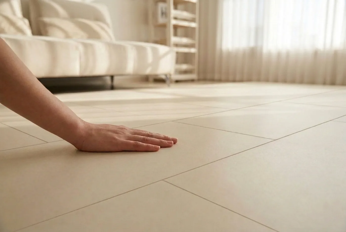 A hand pressing into the soft cushioned surface of a Matnificent wellness floor, showing its give