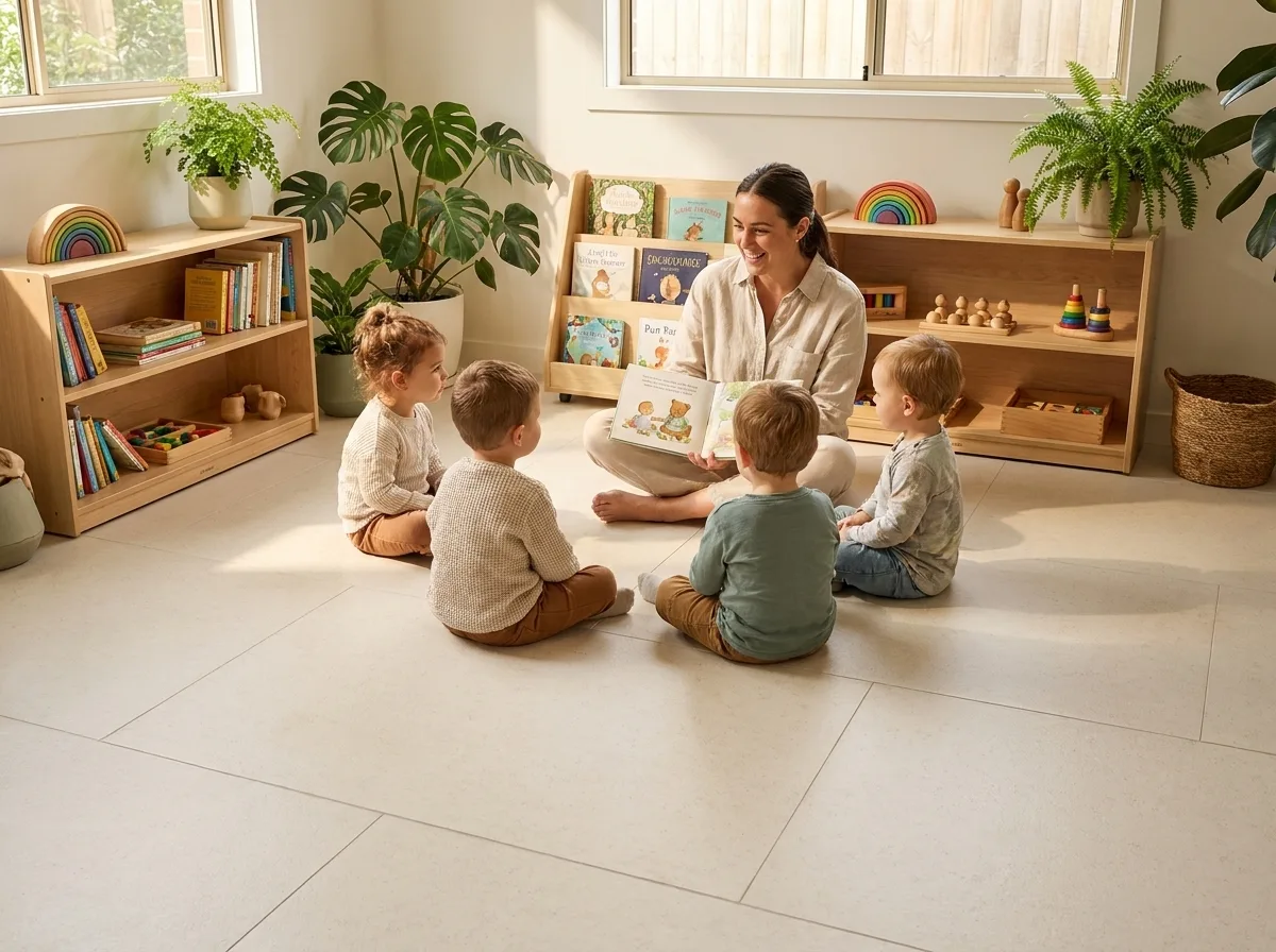 A caregiver reading to young children seated on a soft cushioned cream Matnificent floor