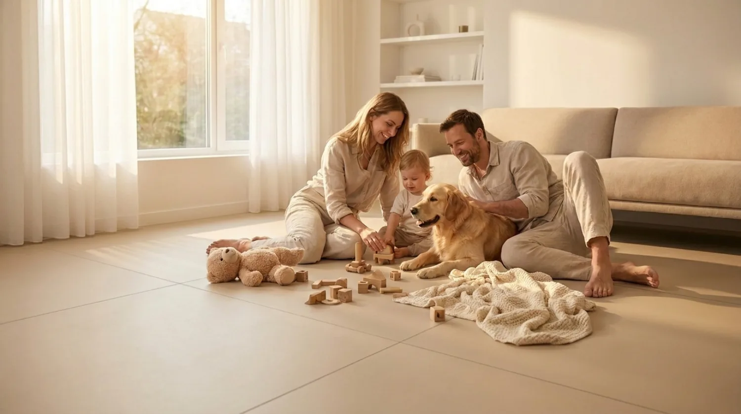 A bright family room with a soft play area and wooden toys on a Matnificent floor