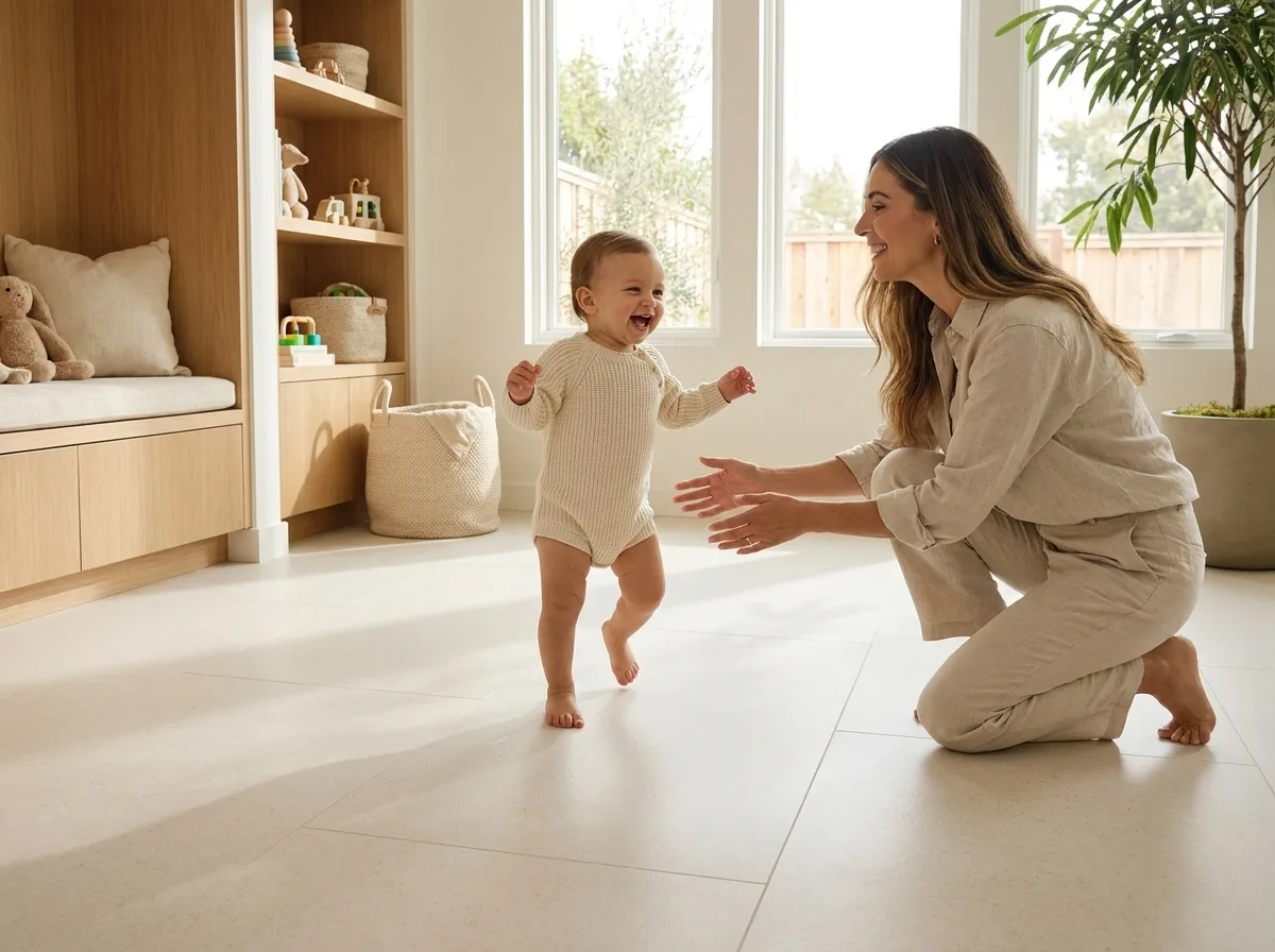 A toddler taking first steps toward a parent on a soft cushioned Matnificent wellness floor