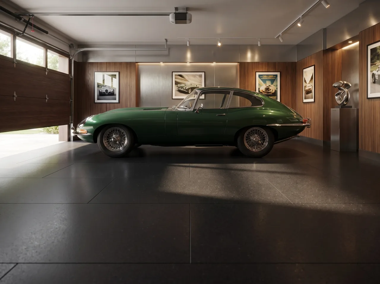 A classic green sports car shown in profile on a deep matte black Matnificent showroom garage floor
