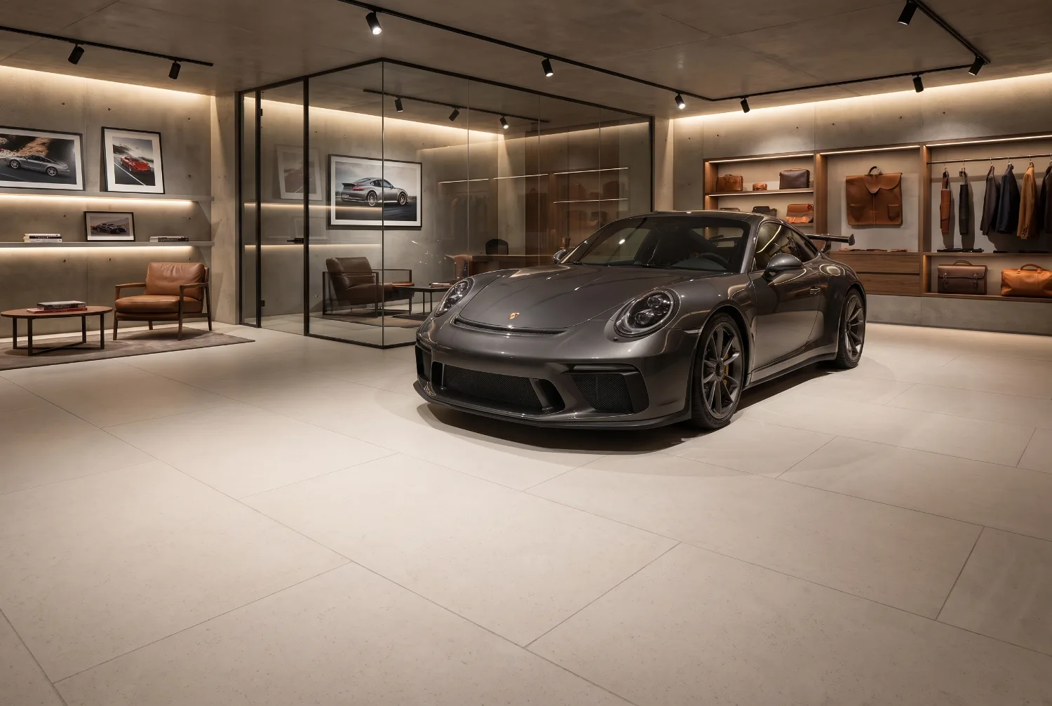 A car enthusiast kneeling on the deep black Matnificent garage floor