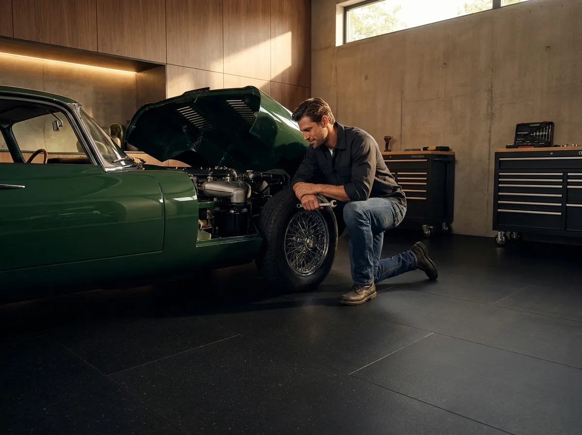 A mechanic kneeling beside a classic green sports car on a deep matte black Matnificent garage floor