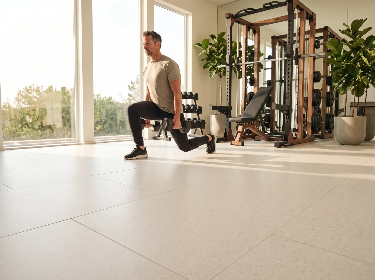 An athletic person performing a controlled dumbbell lunge in a bright, upscale home gym on a seamless Matnificent floor