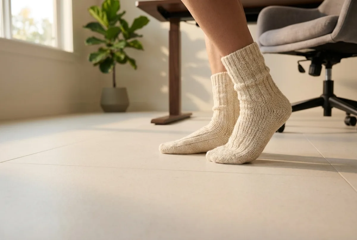Warm socked feet resting on the cushioned cream Matnificent floor beside a standing desk