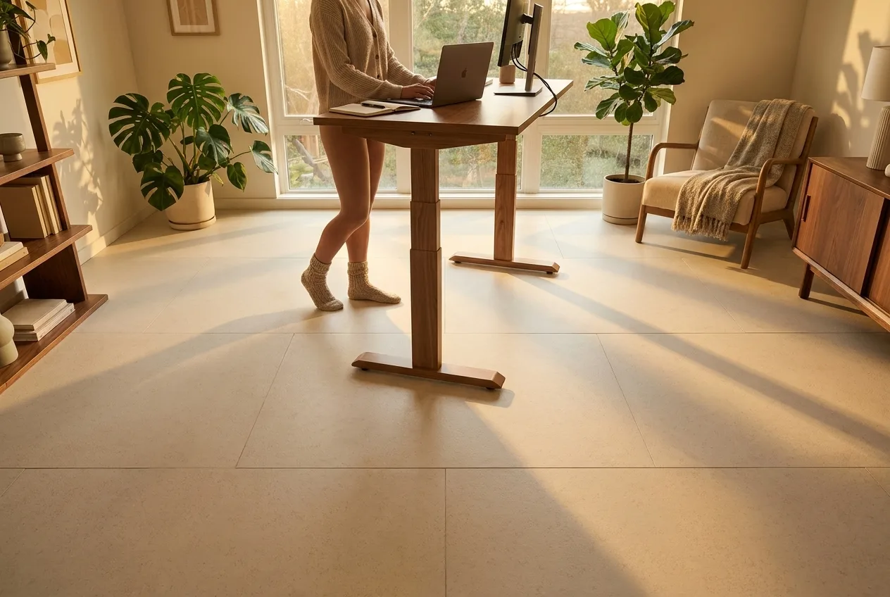 A home office with the cushioned cream Matnificent floor underfoot at a standing desk