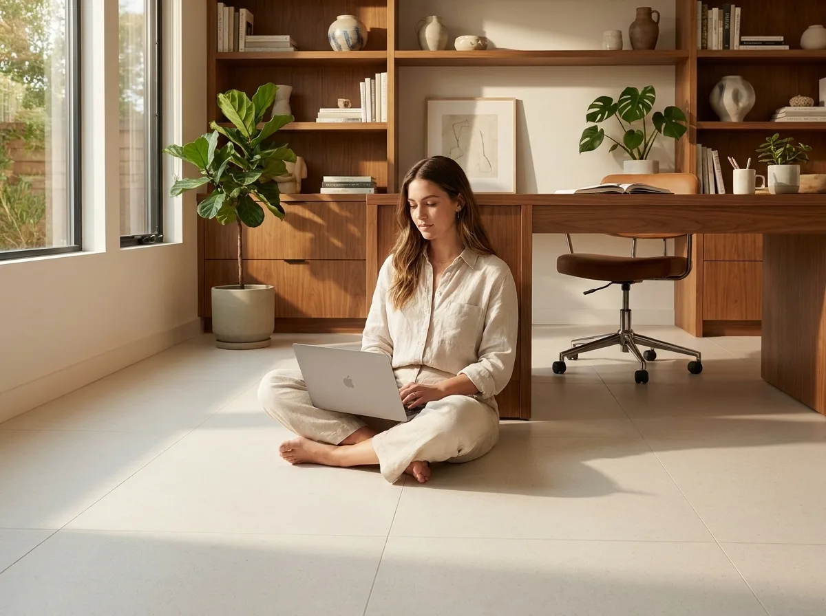 A professional sitting cross-legged on the cushioned cream Matnificent floor with a laptop during a relaxed work break