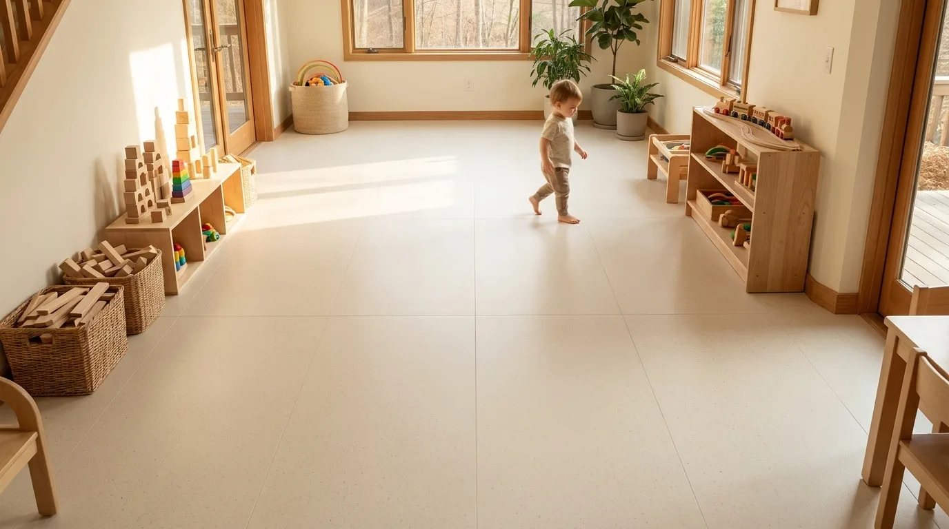 A bright play space with a child walking barefoot across a seamless cushioned cream Matnificent floor