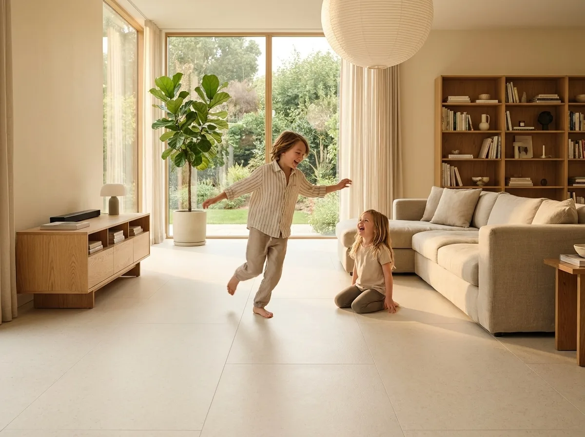 A child playing on a cushioned cream Matnificent floor in a bright family room