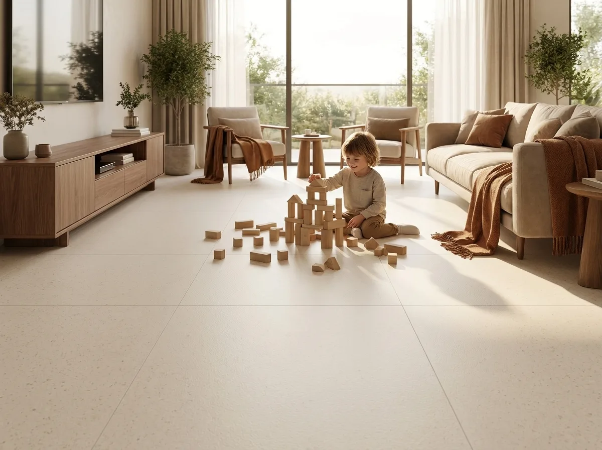 A young child sitting on a cushioned cream Matnificent floor building with wooden blocks in a warm living room