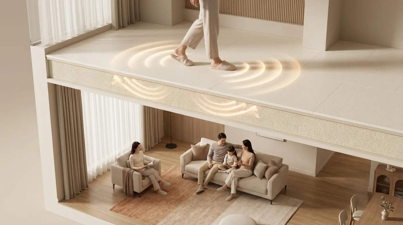 An architectural cutaway of a two-story home showing the cushioned Matnificent floor on the upper level absorbing footstep noise so the family in the room below stays undisturbed
