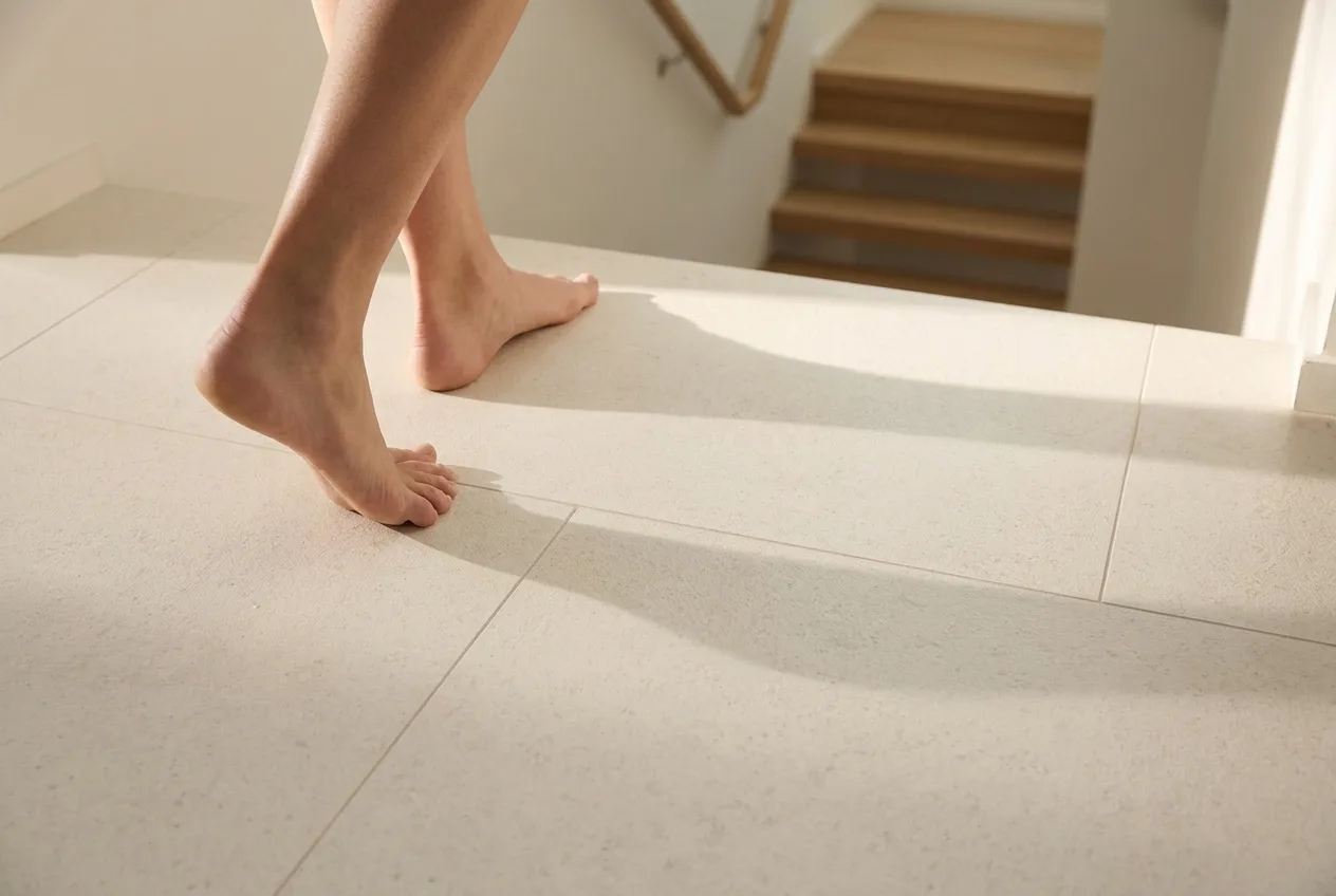 Bare feet stepping softly onto a cushioned cream Matnificent floor at the top of a staircase landing