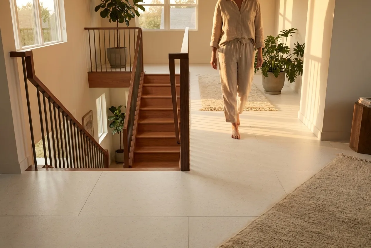 A calm upstairs landing on a cushioned cream Matnificent floor in a multi-story home