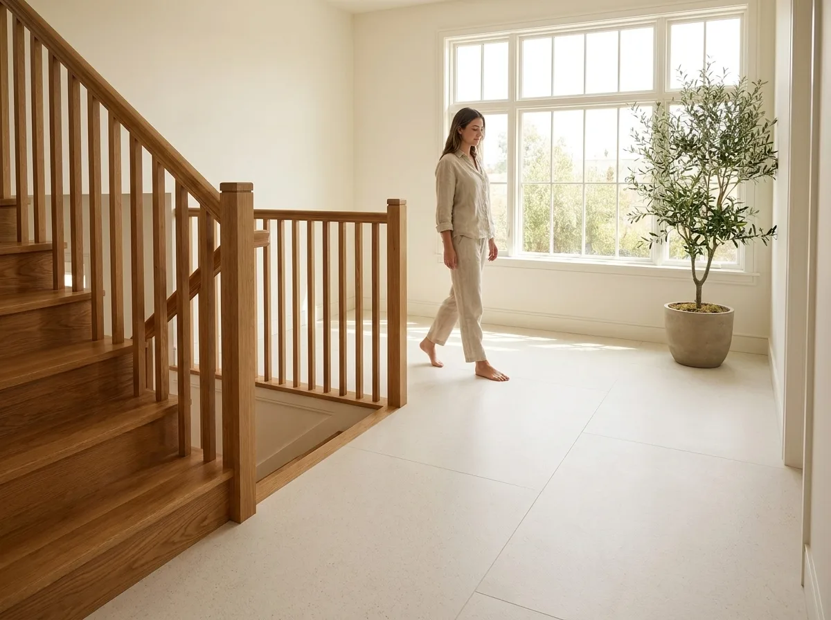 A person walking calmly on a cushioned cream Matnificent floor on an upstairs landing