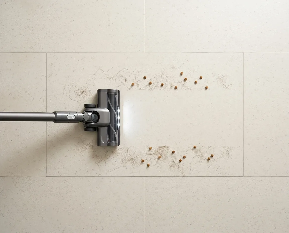 A cordless vacuum lifting pet fur and stray kibble from a cushioned cream Matnificent floor, seen from above