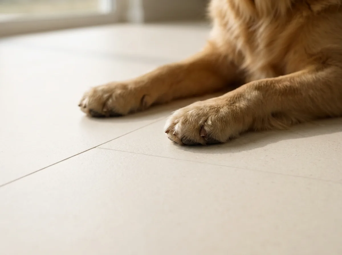 Close-up of a dog's paws resting on the cushioned cream Matnificent floor