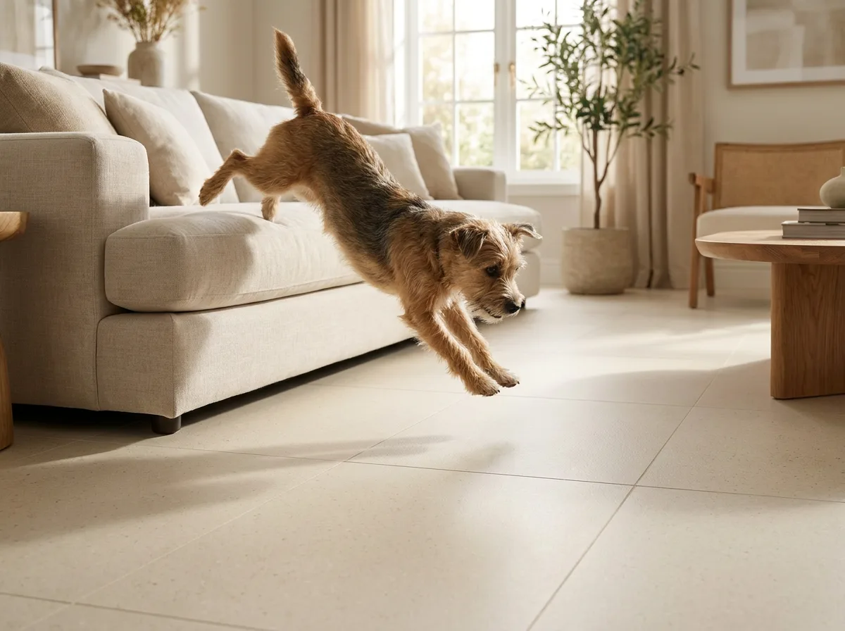 A dog on a cushioned cream Matnificent floor