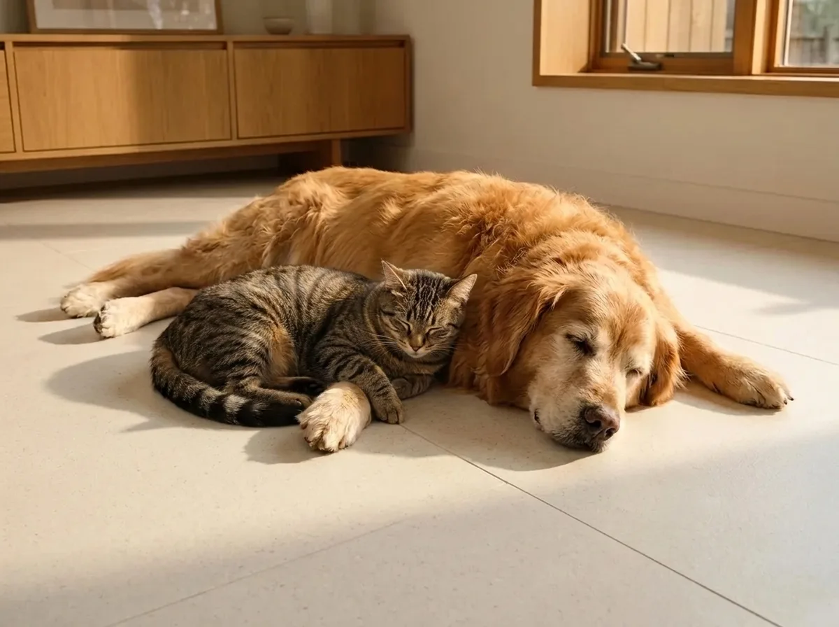 A dog and a cat sleeping peacefully side by side on a cushioned cream Matnificent floor in a warm sunlit room